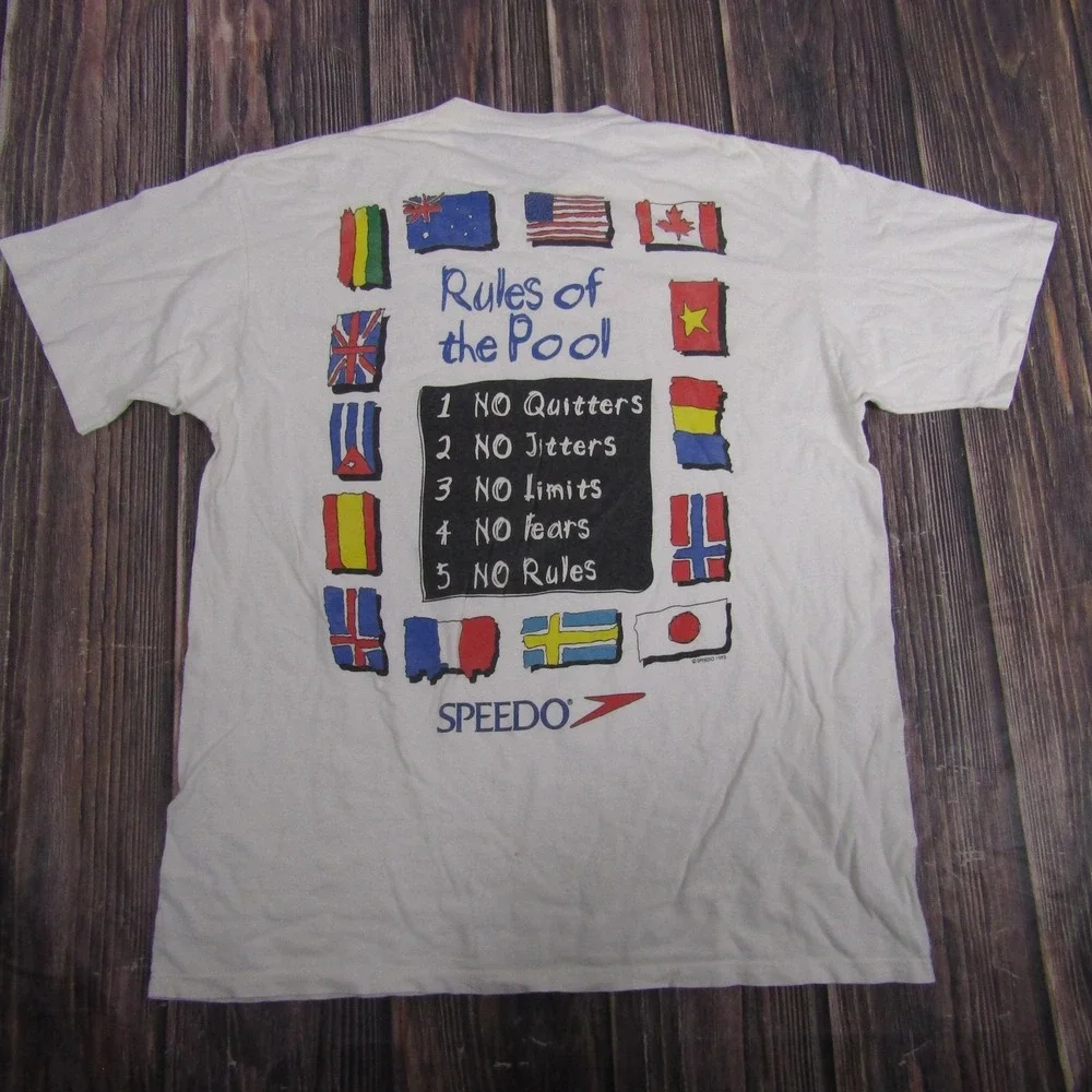 Vintage Speedo Pool Rules Shirt Mens XL White Swim Graphic‎ Tee Flags 90s